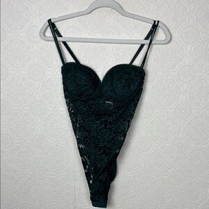 Vintage 90s Victorias Secret Dark Green Lingerie Lacey Bodysuit 34C High Thigh